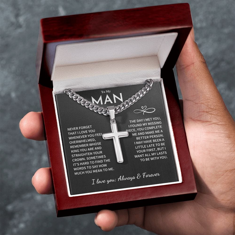 My Man Gift, "Remember Whose King You Are", Cuban Chain with Artisan Cross Necklace